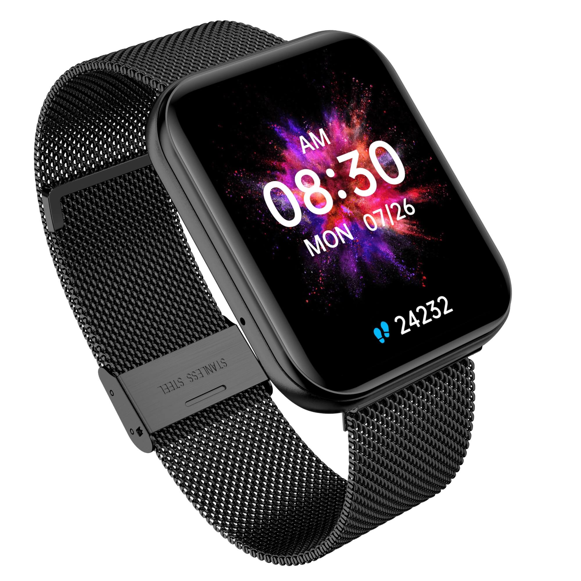Czarny smartwatch z czarnym paskiem z siatki pokazujący godzinę. Ekran pokazuje 8:30 AM, poniedziałek, 26 lipca, z liczbą kroków.