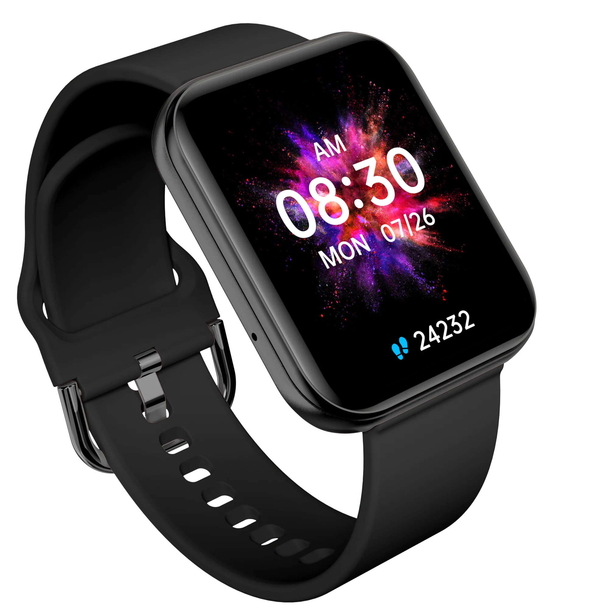 Czarny smartwatch. Wyświetla godzinę, datę i kolorowy design. Czarny pasek.