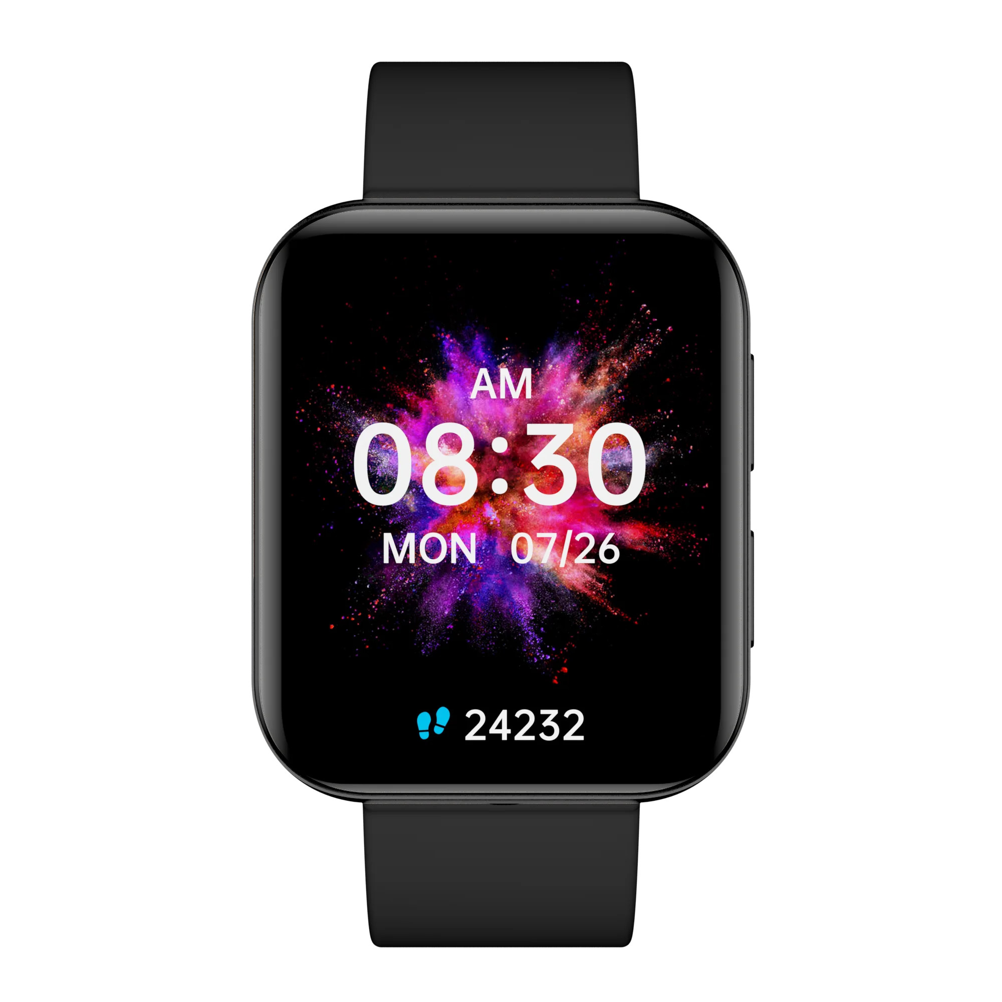Czarny smartwatch z kolorowym wyświetlaczem pokazującym datę i godzinę.