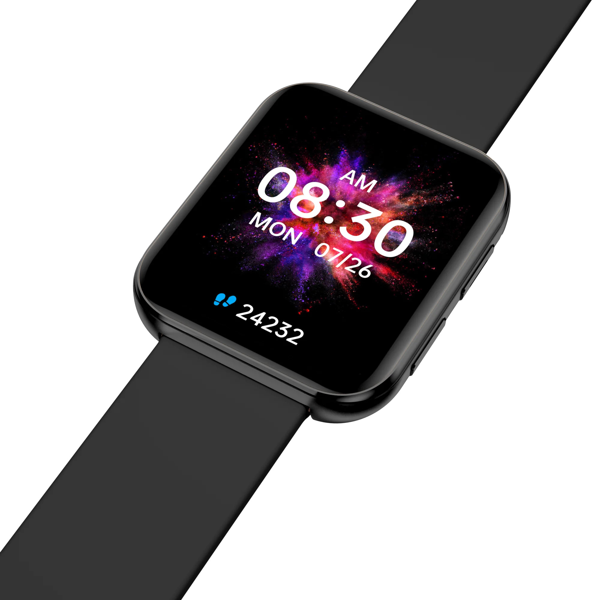 Czarny smartwatch wyświetlający 08:30 AM, Pon 07/26. Mała ikona i numer 24232 na ekranie.