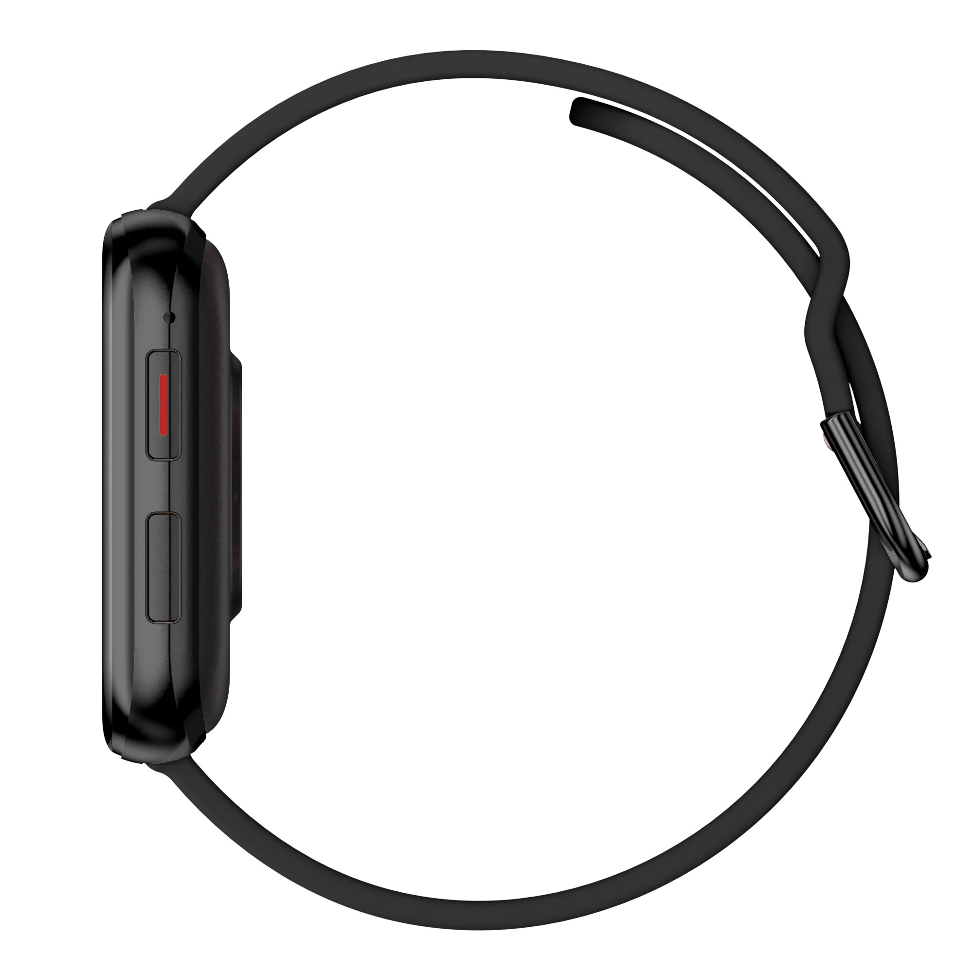Czarny smartwatch z czarnym paskiem. To widok z boku.