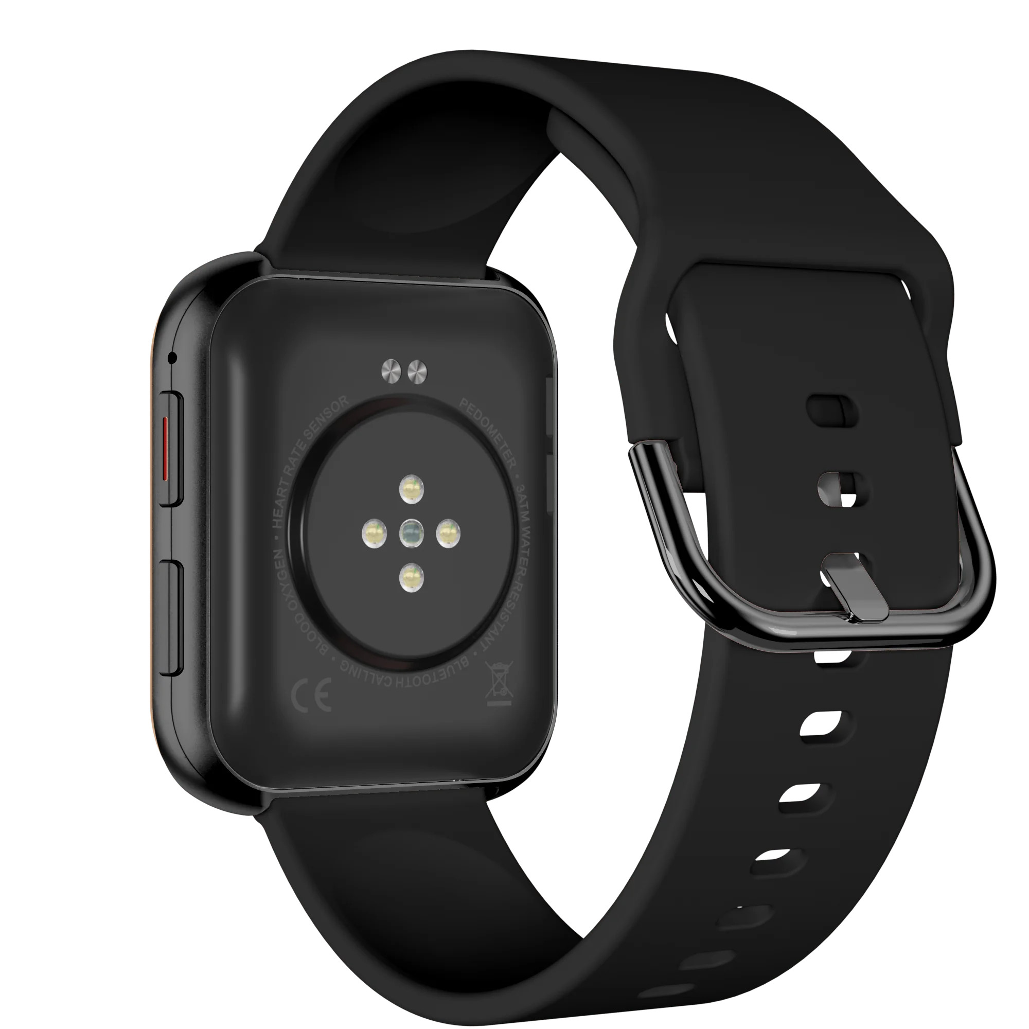 Czarny smartwatch z czarnym paskiem. Czujnik tętna z tyłu.