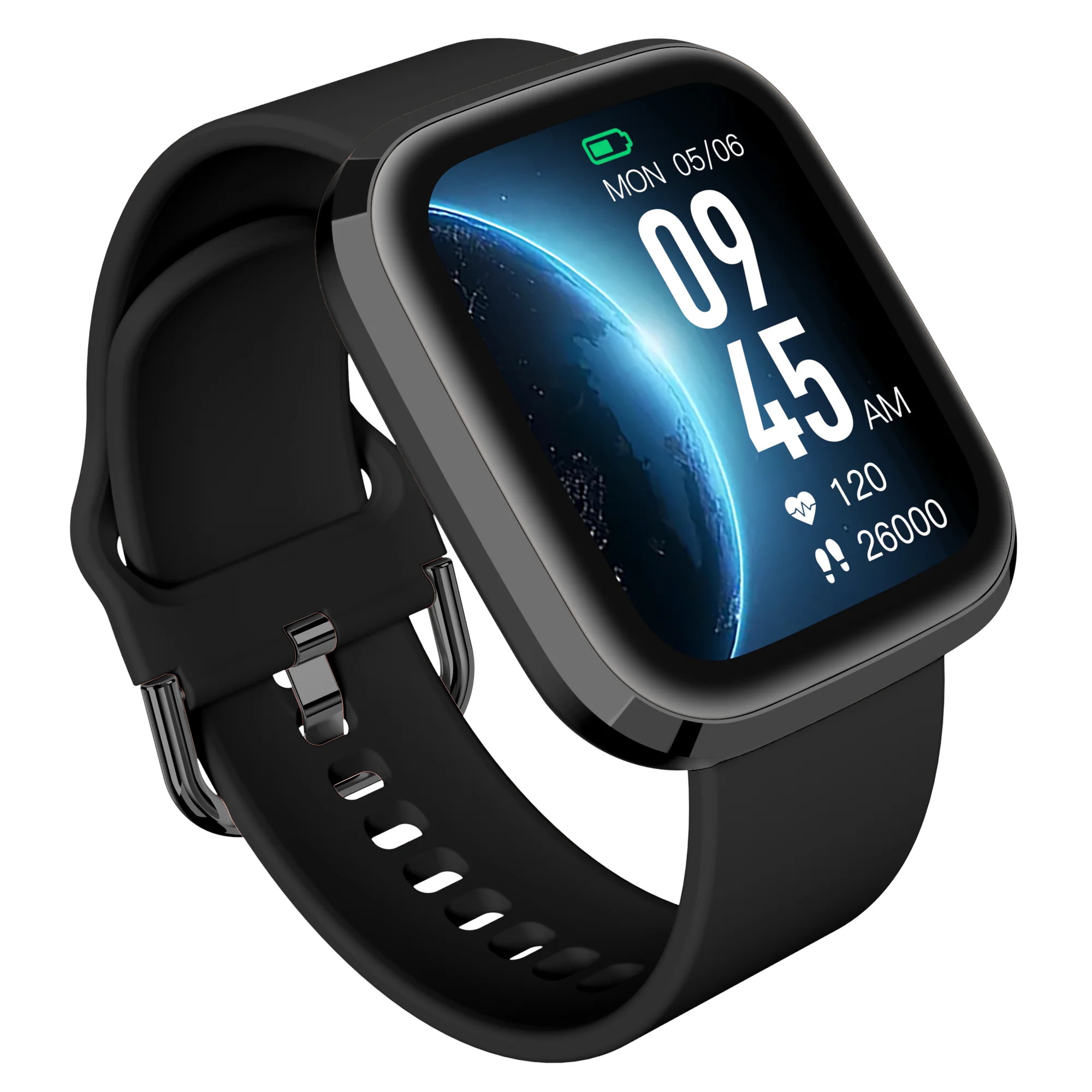 Czarny smartwatch pokazujący godzinę i statystyki zdrowotne. Jest na czarnym pasku.