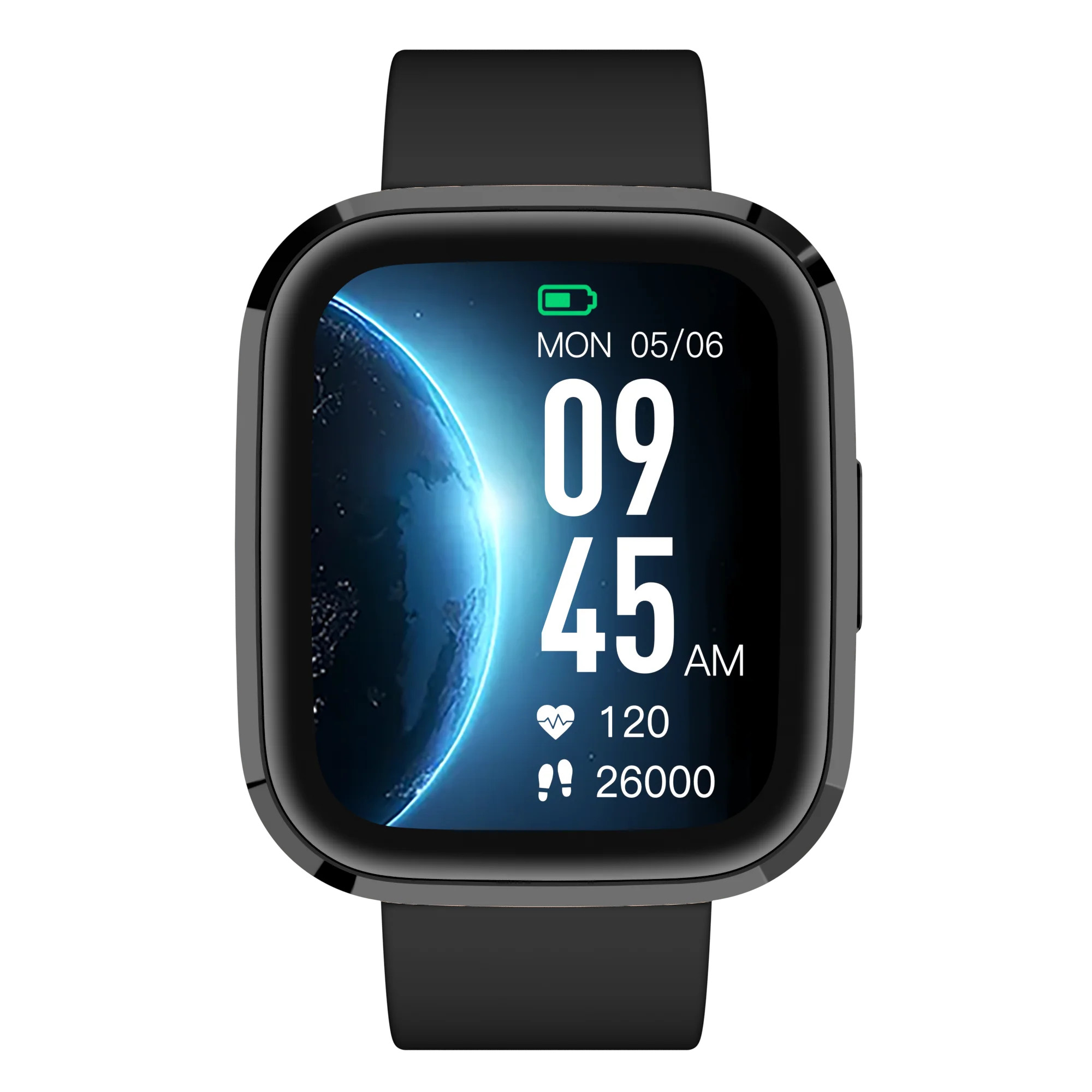 Czarny smartwatch z kwadratowym wyświetlaczem pokazującym datę, godzinę, kroki i tętno.