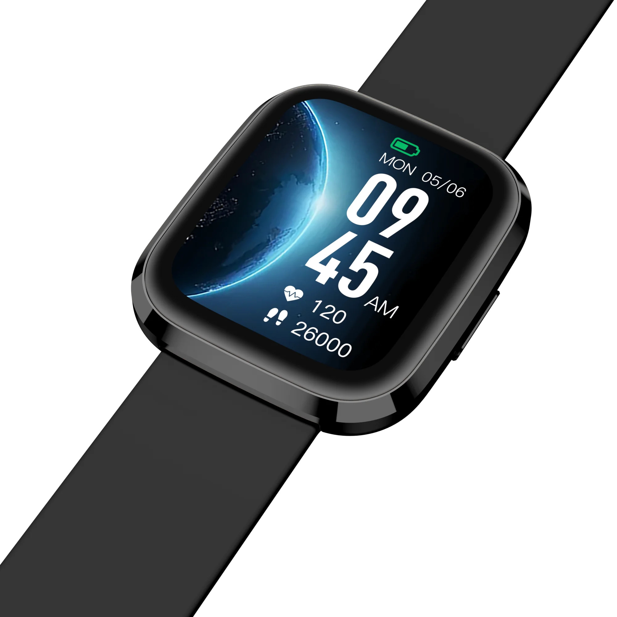 Czarny smartwatch wyświetlający godzinę, datę, tętno i kroki na czarnym pasku.