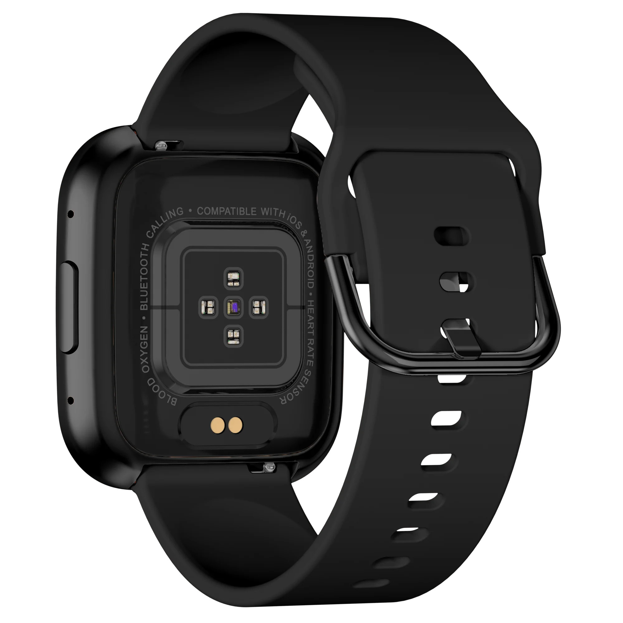 Czarny smartwatch, widok z tyłu, z czarnym paskiem, widoczny czujnik tętna.