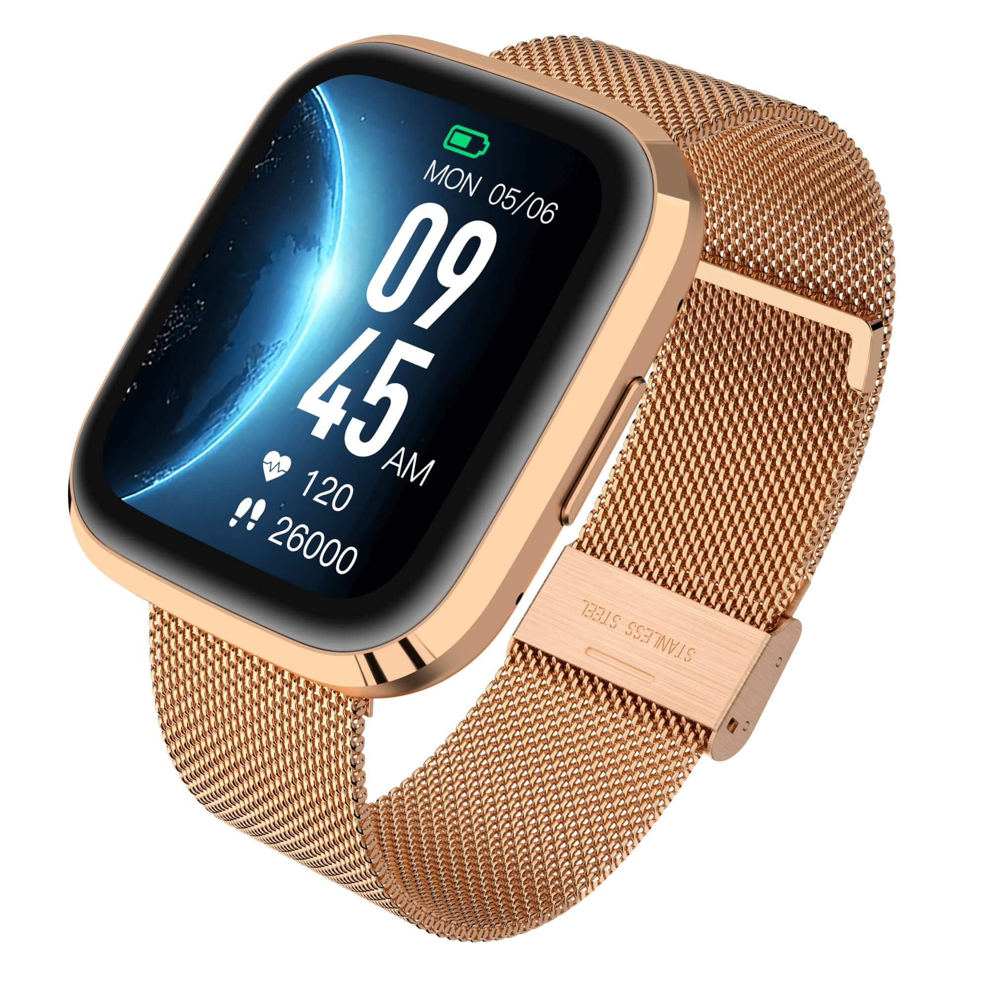 Złoty smartwatch z ekranem wyświetlającym czas, tętno i kroki. Posiada siatkowy pasek.