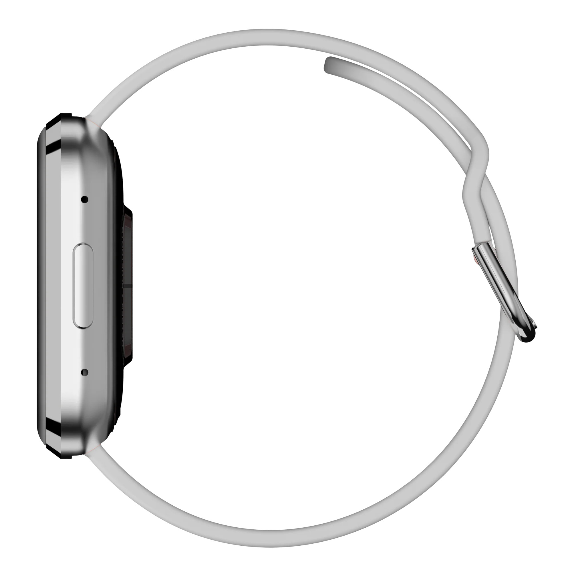 Widok z boku srebrnego smartwatcha z białym paskiem, pokazujący zakrzywiony ekran i design.