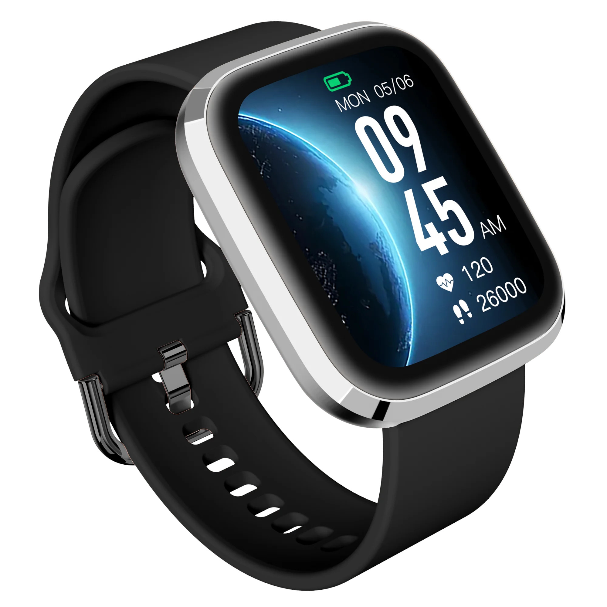 Czarny smartwatch z czarnym paskiem, wyświetlający godzinę i dane zdrowotne.
