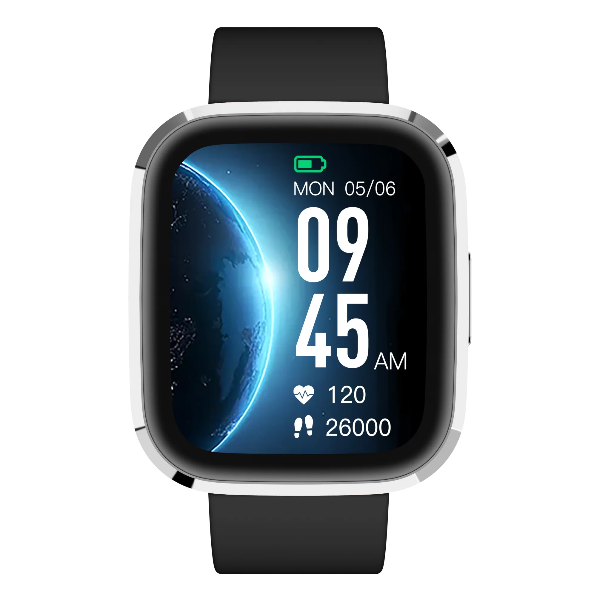 Smartwatch z czarnym paskiem i biało-srebrną ramką.