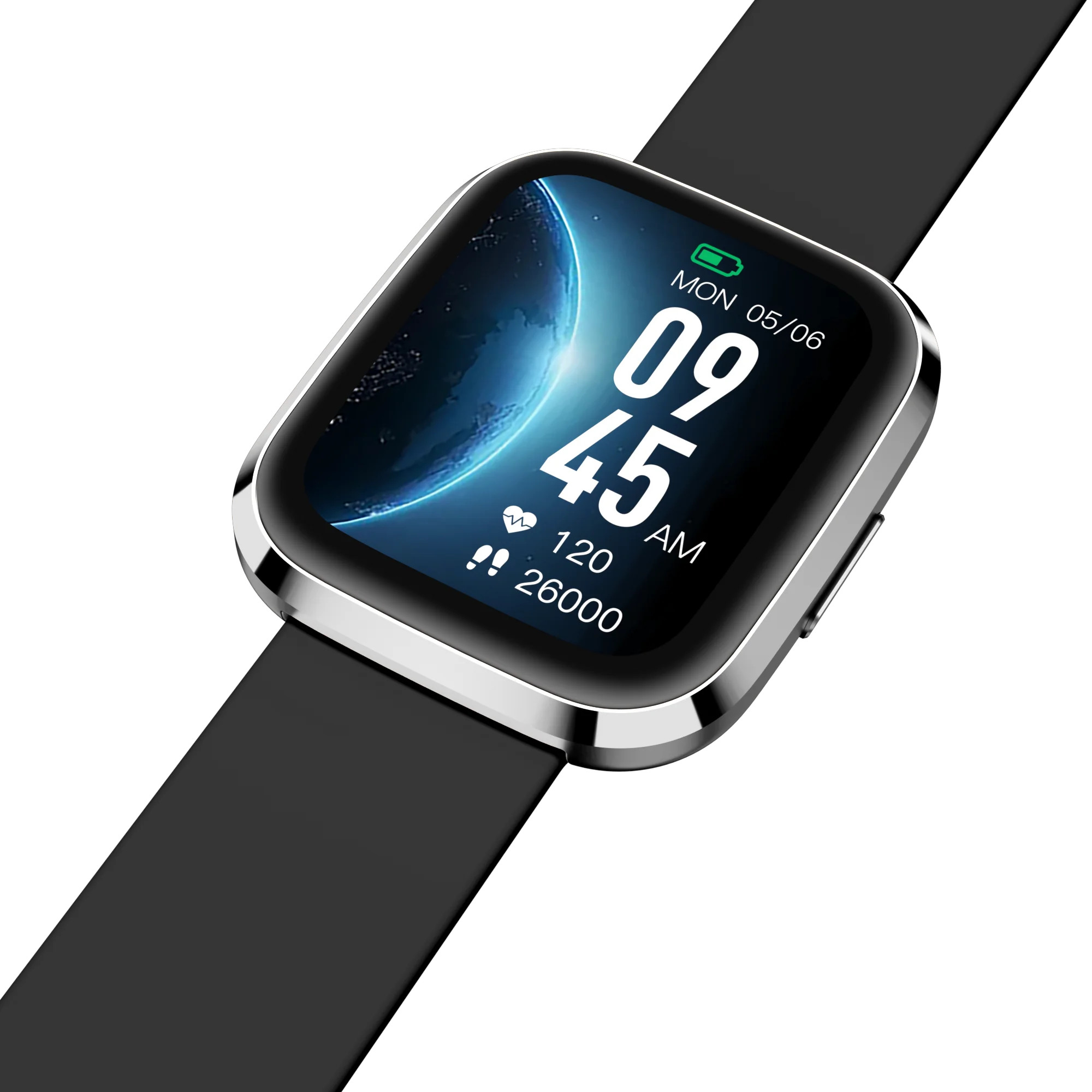 Smartwatch z czarnym paskiem. Wyświetlacz pokazuje czas, datę i dane fitness. Srebrna ramka.