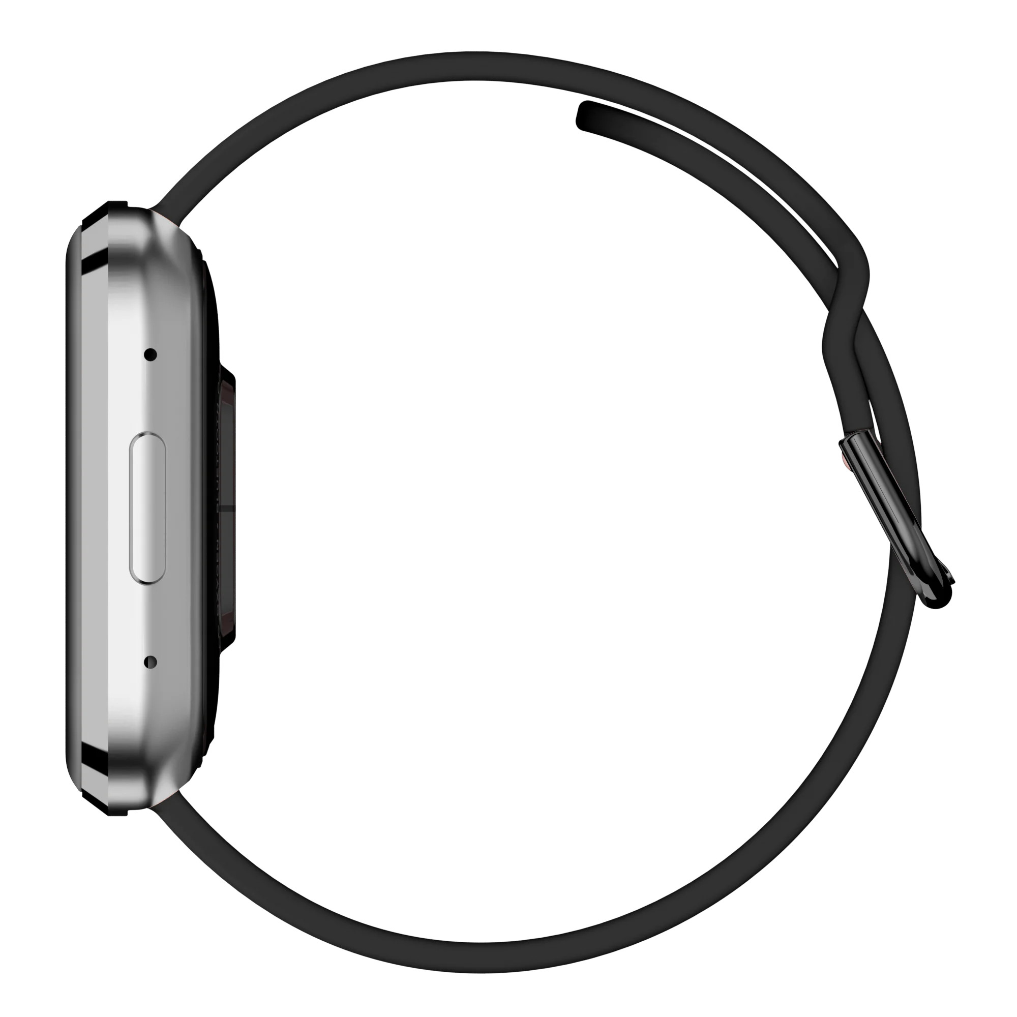Srebrny smartwatch z czarnym paskiem, widok z boku, na białym tle.