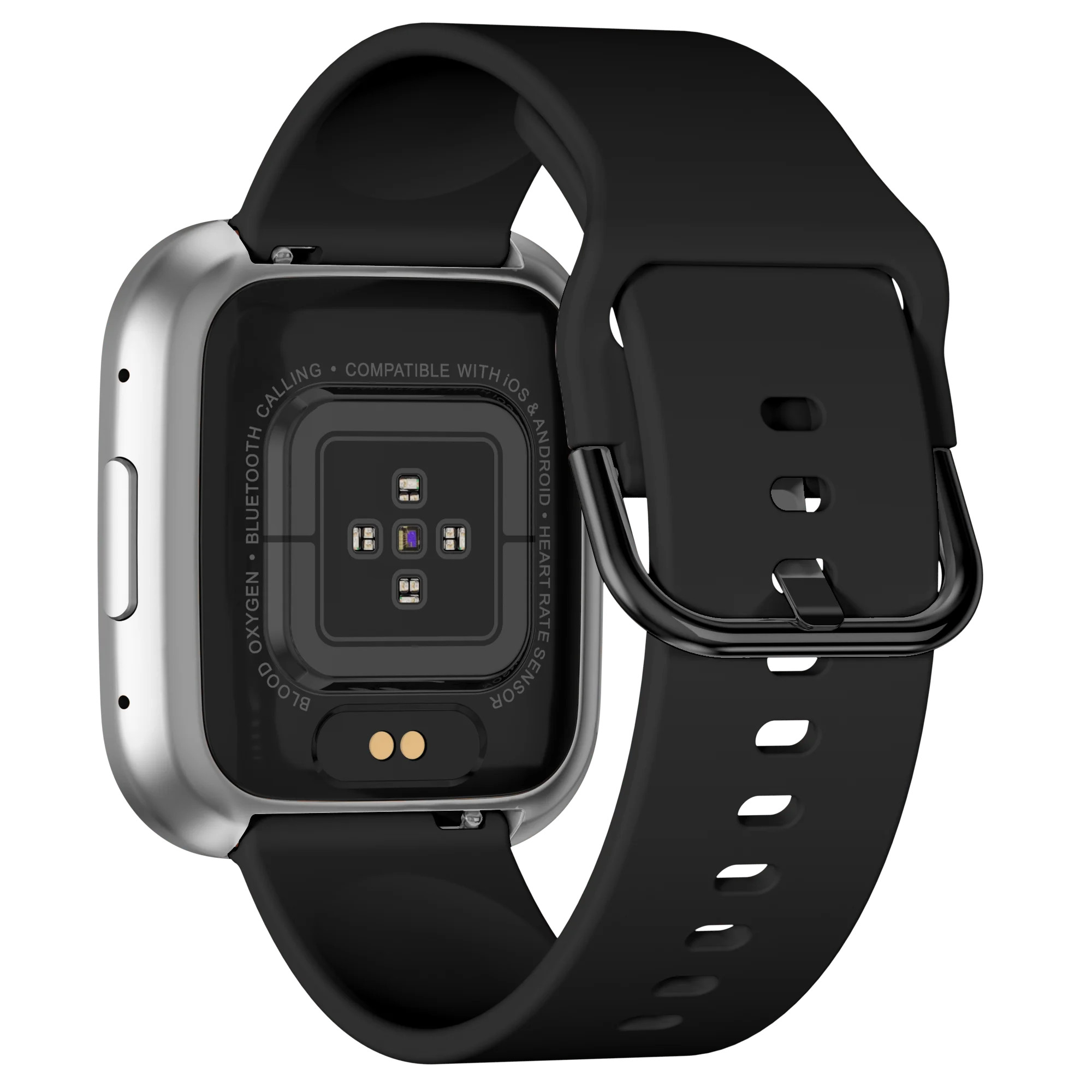 Smartwatch z czarnym paskiem jest pokazany od tyłu.
