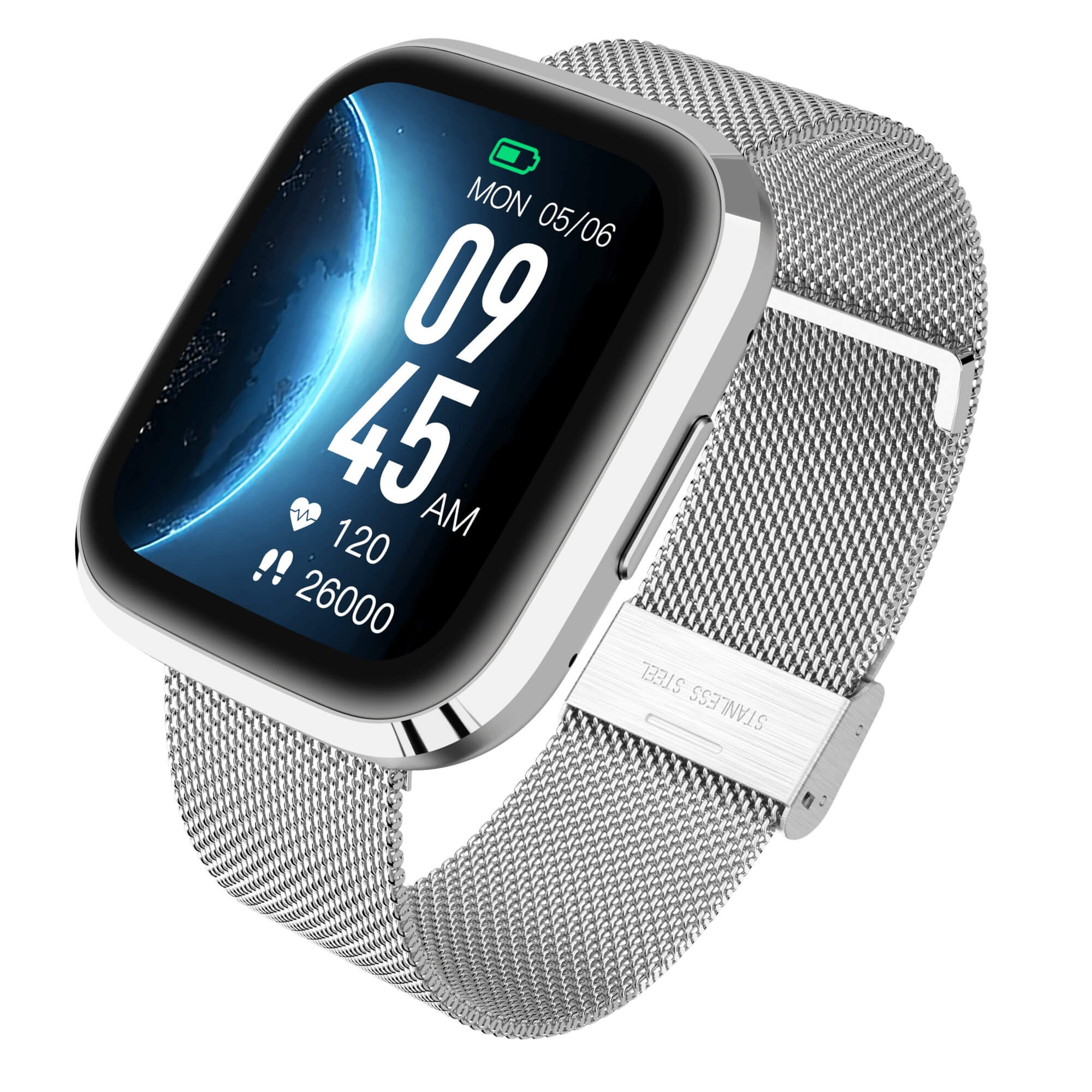 Smartwatch na srebrnym pasku z siatki. Wyświetla godzinę, datę, kroki i tętno. Srebrna obudowa.