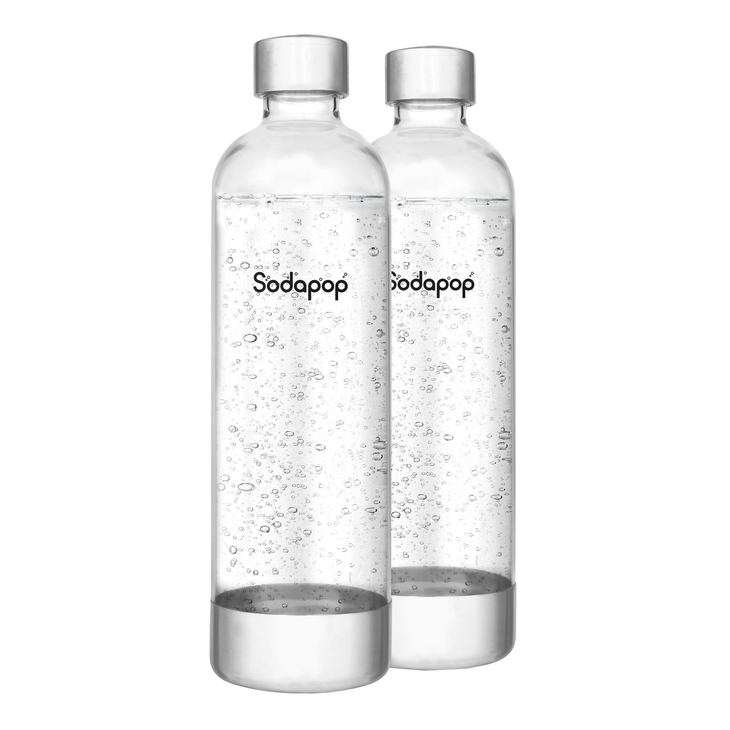 Zwei klare Sodaflaschen mit dem Aufdruck Sodapop.
