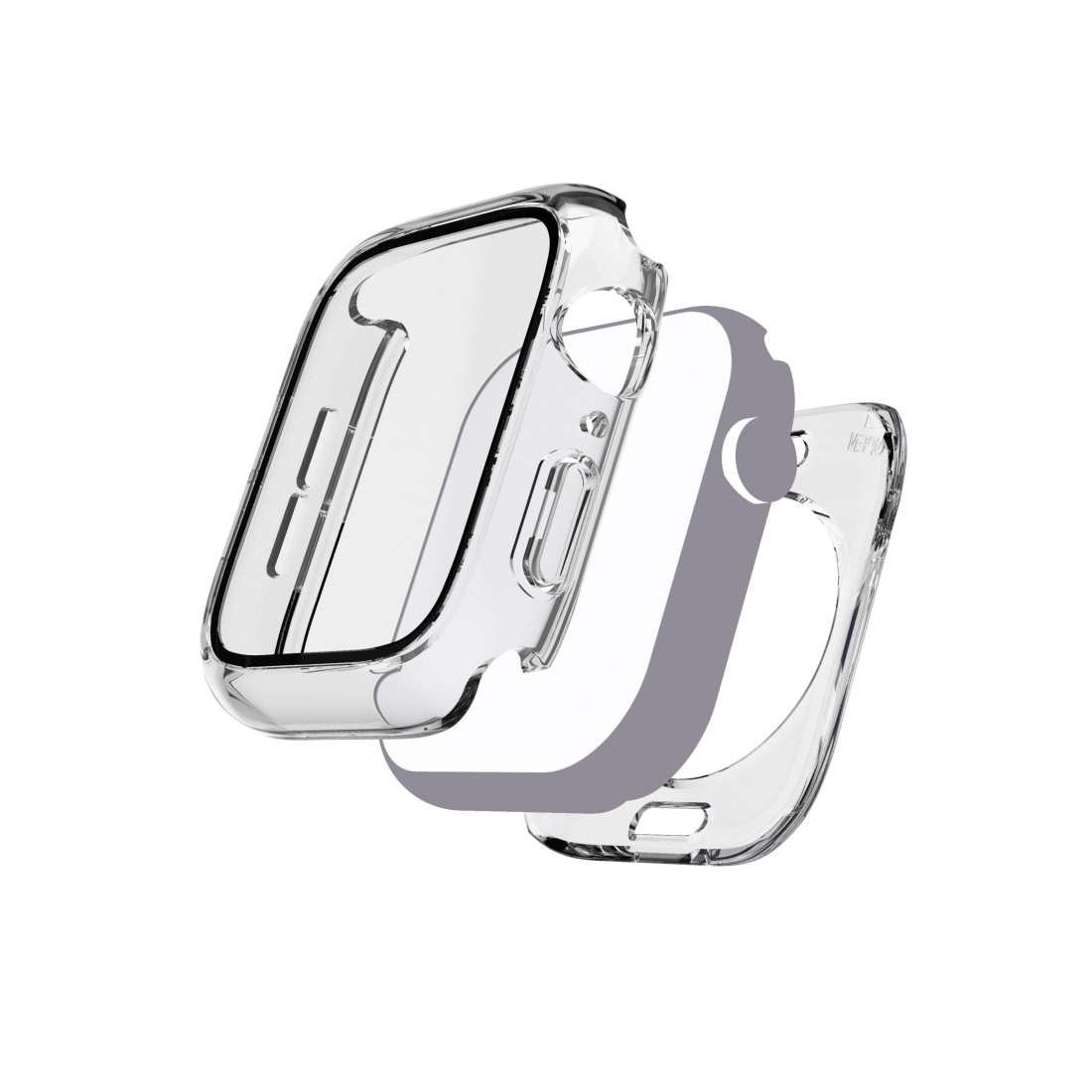 Transparente Apple Watch Hülle, in drei Teile geteilt, vor weißem Hintergrund schwebend.