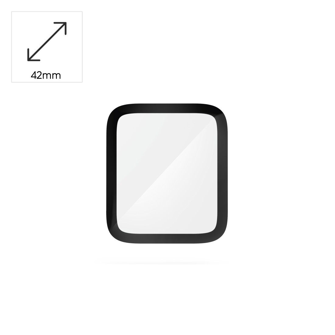 Ein quadratischer Smartwatch-Bildschirmschutz mit schwarzem Rahmen und 42mm Größenangabe.