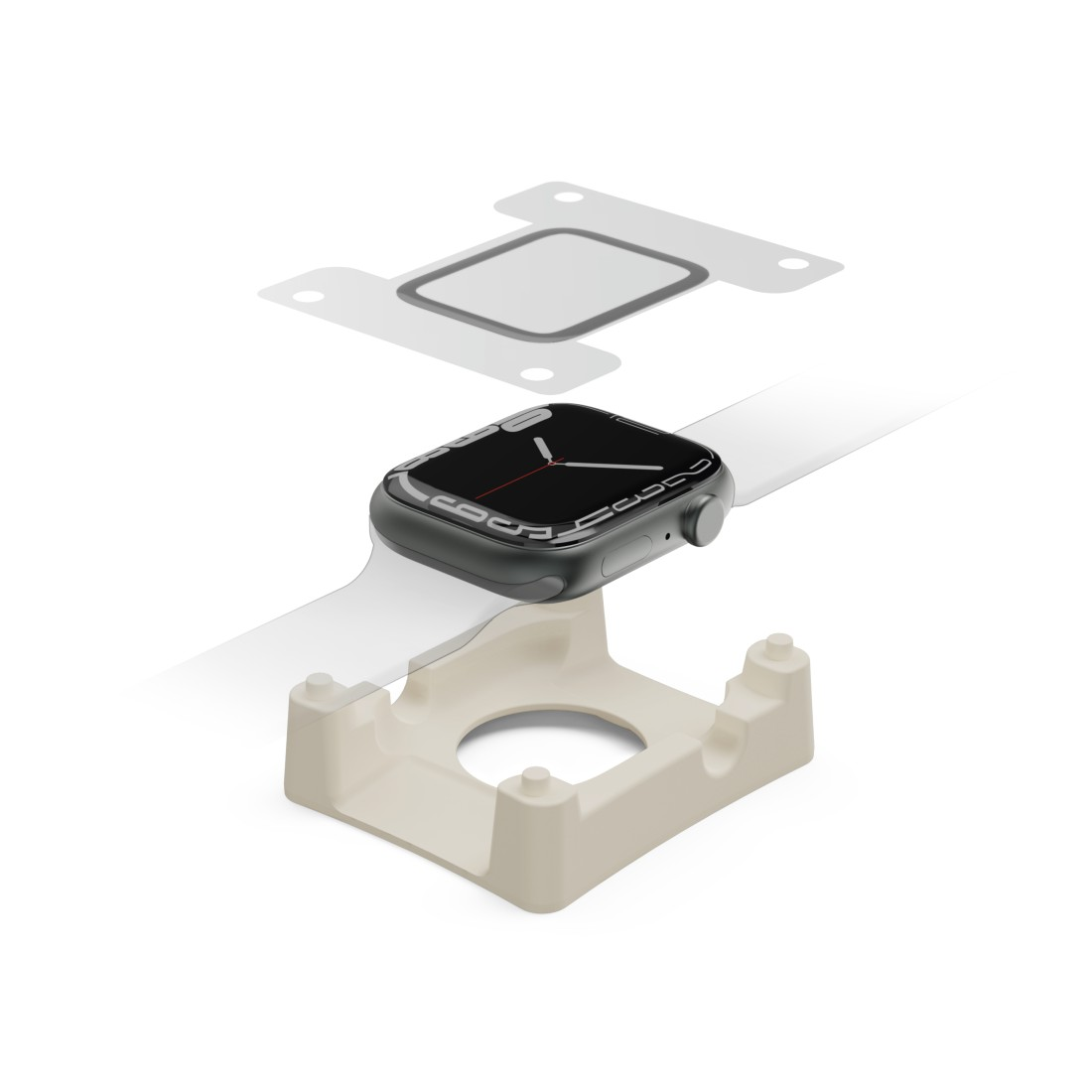 Apple Watch auf einem Ständer mit weißem Armband. Eine Schutzfolie befindet sich oben. Weißer Hintergrund.