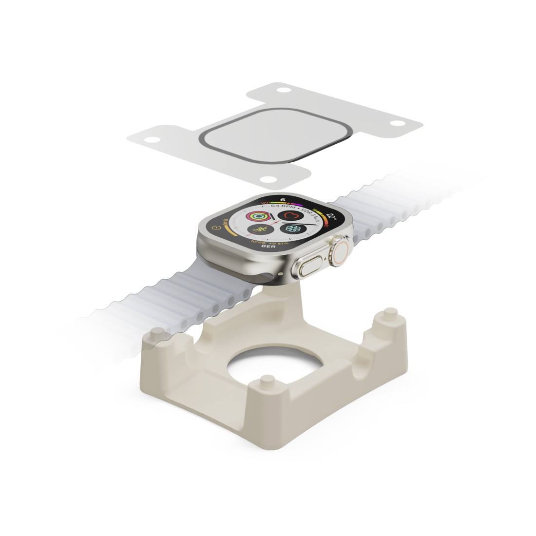 Silberne Apple Watch auf einem Ständer. Die Uhr befindet sich neben einer weißen Platte.