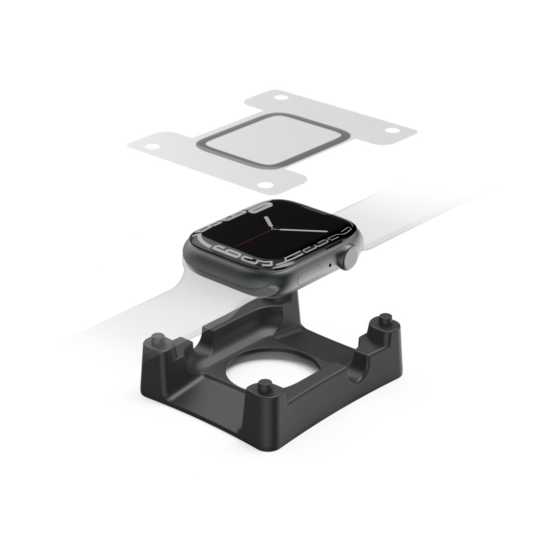 Apple Watch auf einem schwarzen Ständer. Eine rechteckige graue Platte befindet sich über der Uhr.