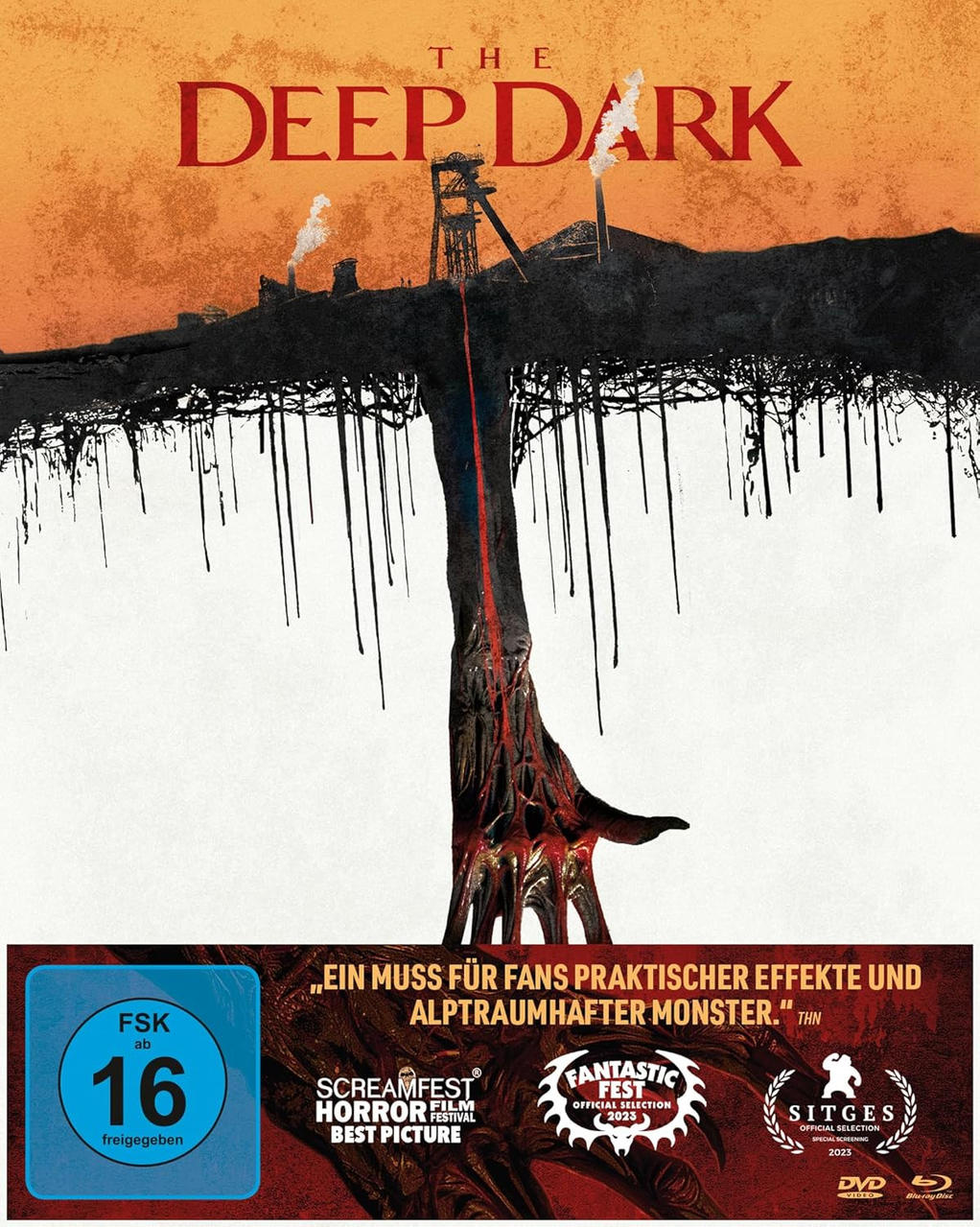 Filmplakat: The Deep Dark, mit einer Hand, die aus schwarzer Substanz auftaucht und einem Berg.