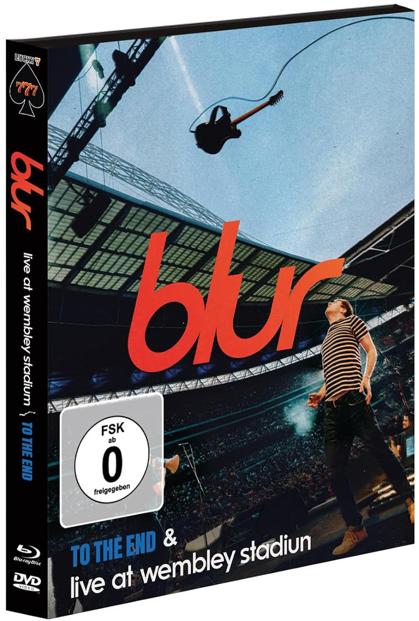 DVD-Cover von Blur 'To the End' im Wembley-Stadion. Zeigt Bandmitglieder, Bühne und Konzertdetails.