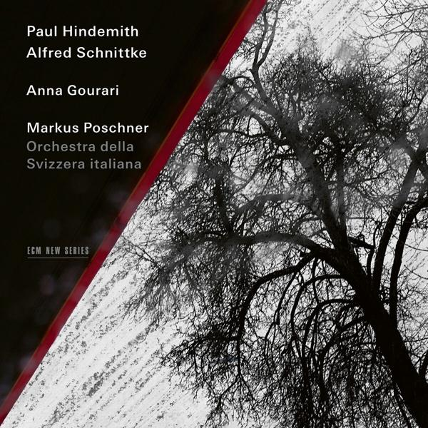 Album borító. Szöveg: Paul Hindemith, Alfred Schnittke. Fekete-fehér fa kép piros csíkkal.