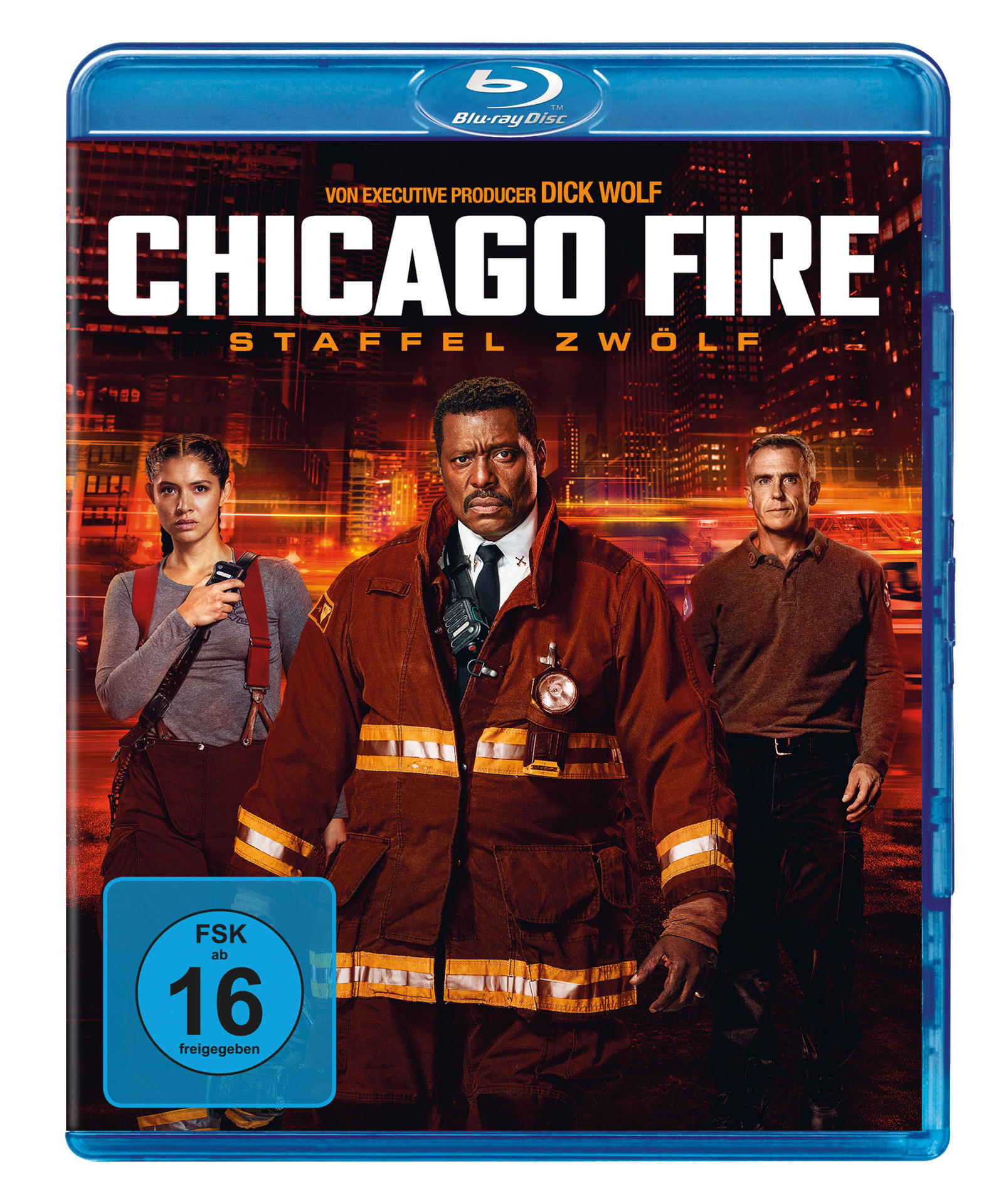 Chicago Fire DVD-Cover mit drei Personen vor einer Feuerszene. Der Titel steht in weißen Buchstaben.