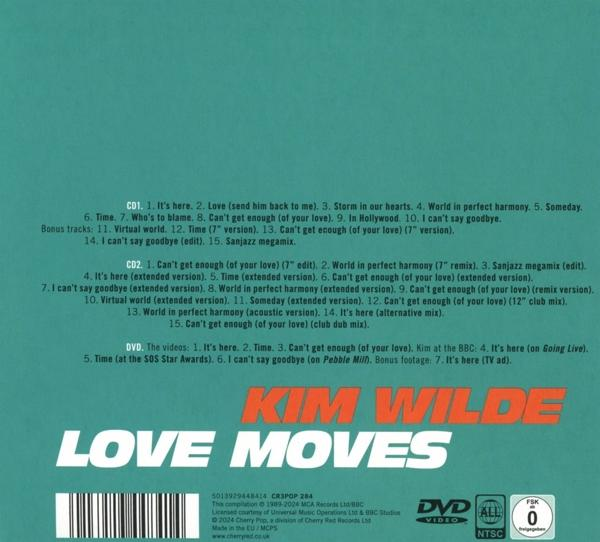 Die Rückseite einer CD mit Kim Wildes Album 'Love Moves', mit Titellisten und Credits.