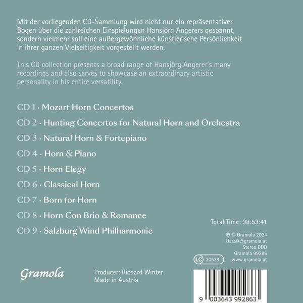 CD-Cover mit Text. Listet Mozart-Hornkonzerte und andere klassische Musik auf. Enthält einen Barcode.