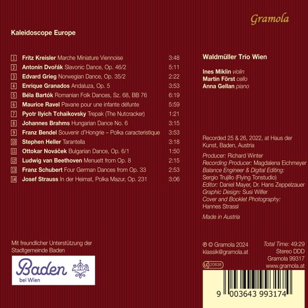 CD-Cover mit Musikdetails. Titel: Kaleidoscope Europe, Interpret: Waldmüller Trio Wien.