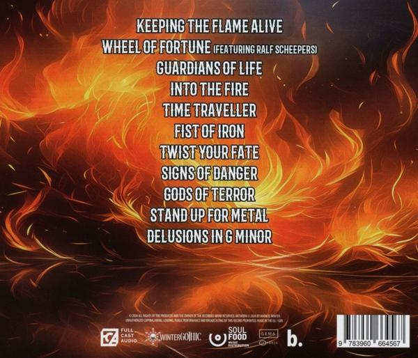 Albumcover mit feurigem Hintergrund und Text mit Songtiteln, darunter 'Wheel of Fortune'.