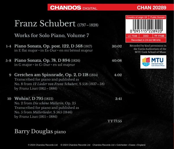 CD-Hülle mit Text. Listet Franz Schubert, Werke für Soloklavier, Band 7, und Titeldetails auf. Enthält Barcode.