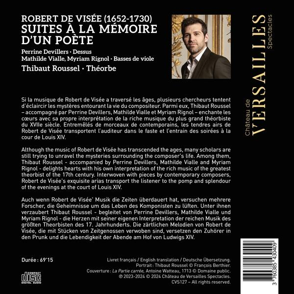 Buchcover mit Text. Portrait eines Mannes. Text auf Französisch über Robert de Visée und Versailles.