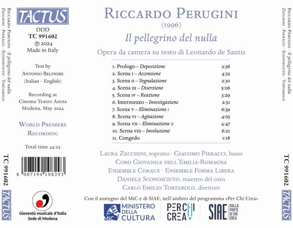 Die Rückseite einer CD-Hülle mit italienischem Text, einer Titelliste und Credits, mit blauem Logo.
