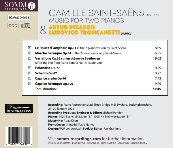 Rückseite einer CD. Enthält den Titel 'Music for Two Pianos' und die Namen der Künstler. Titelliste sichtbar.