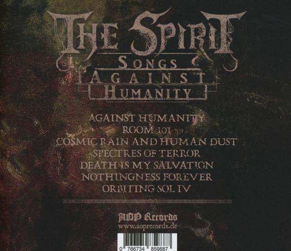 Albumcover mit Text. The Spirit, Songs Against Humanity, und Titelliste auf dunklem Hintergrund.
