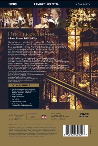 DVD-Cover: Die Fledermaus Oper mit Cast-Fotos und Text, Hintergrund Bühnen.