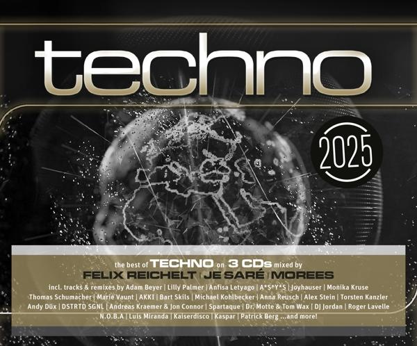 Techno-CD-Cover, Globus-Grafik, Text '2025' und Künstlernamen.