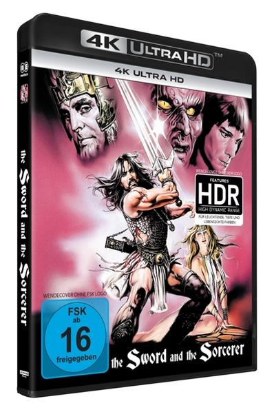 4K Ultra HD DVD-Box-Art für 'The Sword and the Sorcerer'. Zeigt einen Krieger mit einem Schwert.