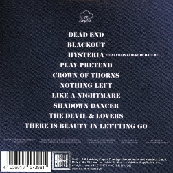 Album-Trackliste, Text auf dunklem Hintergrund. Dead End, Blackout...