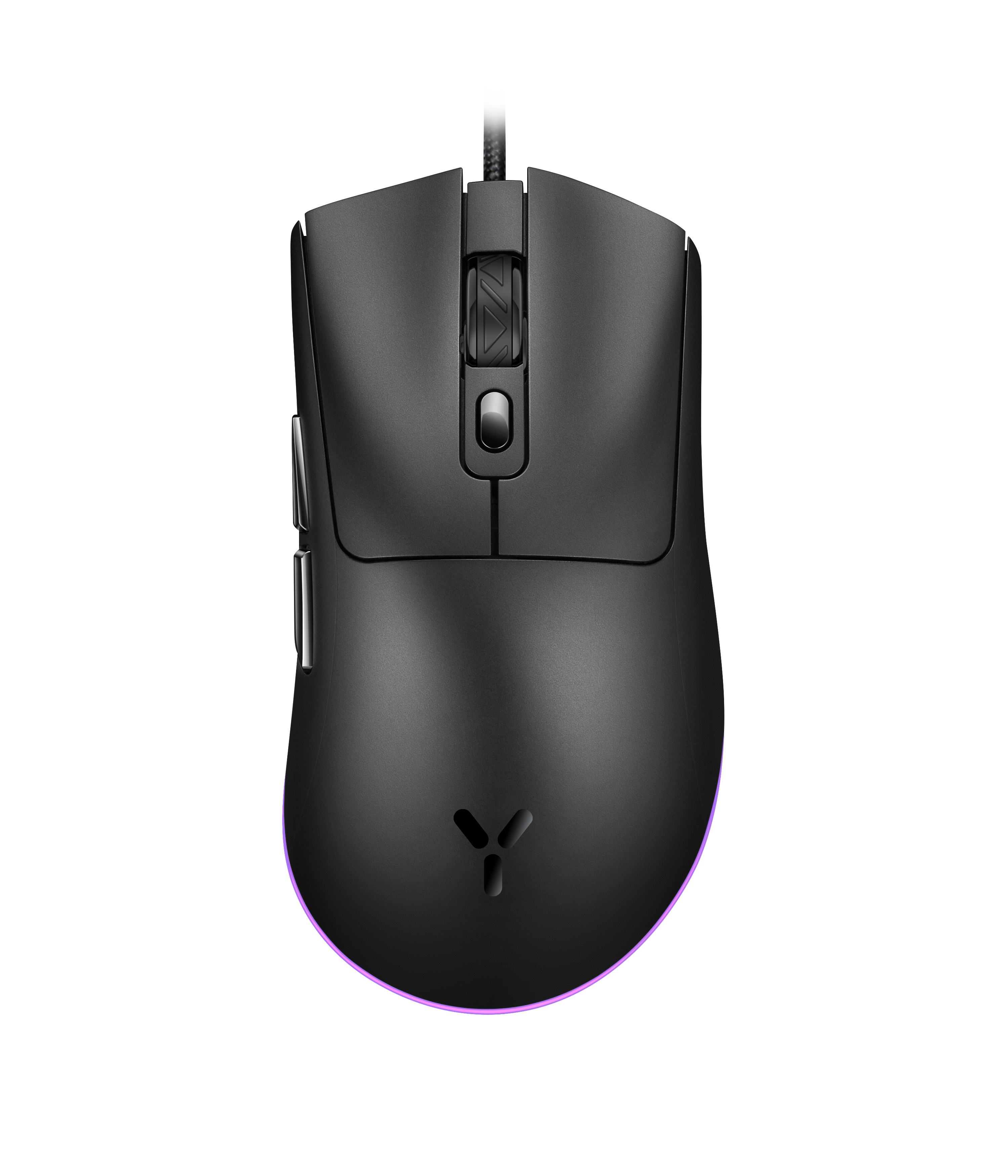 Schwarze Gaming-Maus, Draufsicht. Sie hat Knöpfe an der Seite und ein Logo.