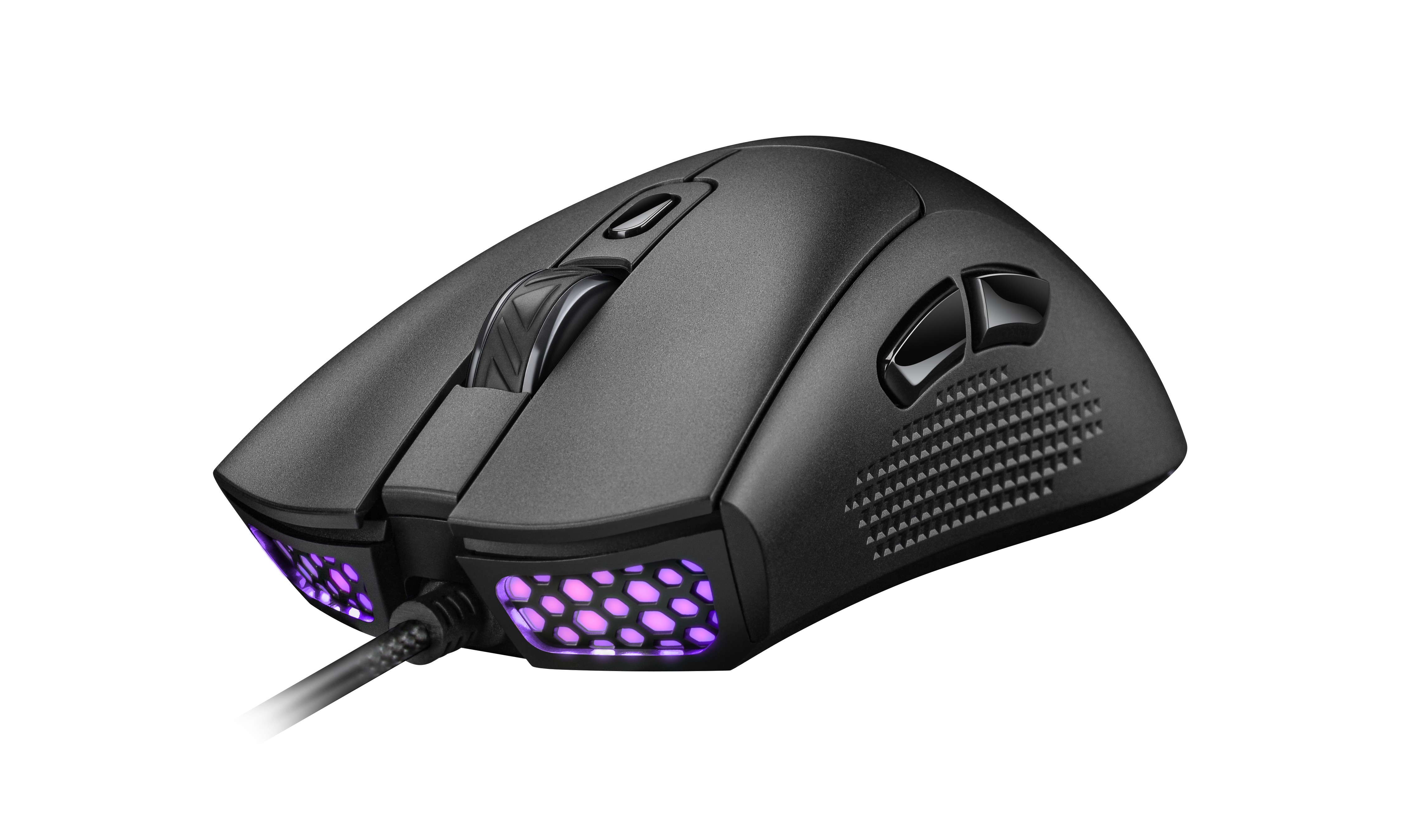 Schwarze Gaming-Maus mit Seitentasten und lila LED-Lichtern.