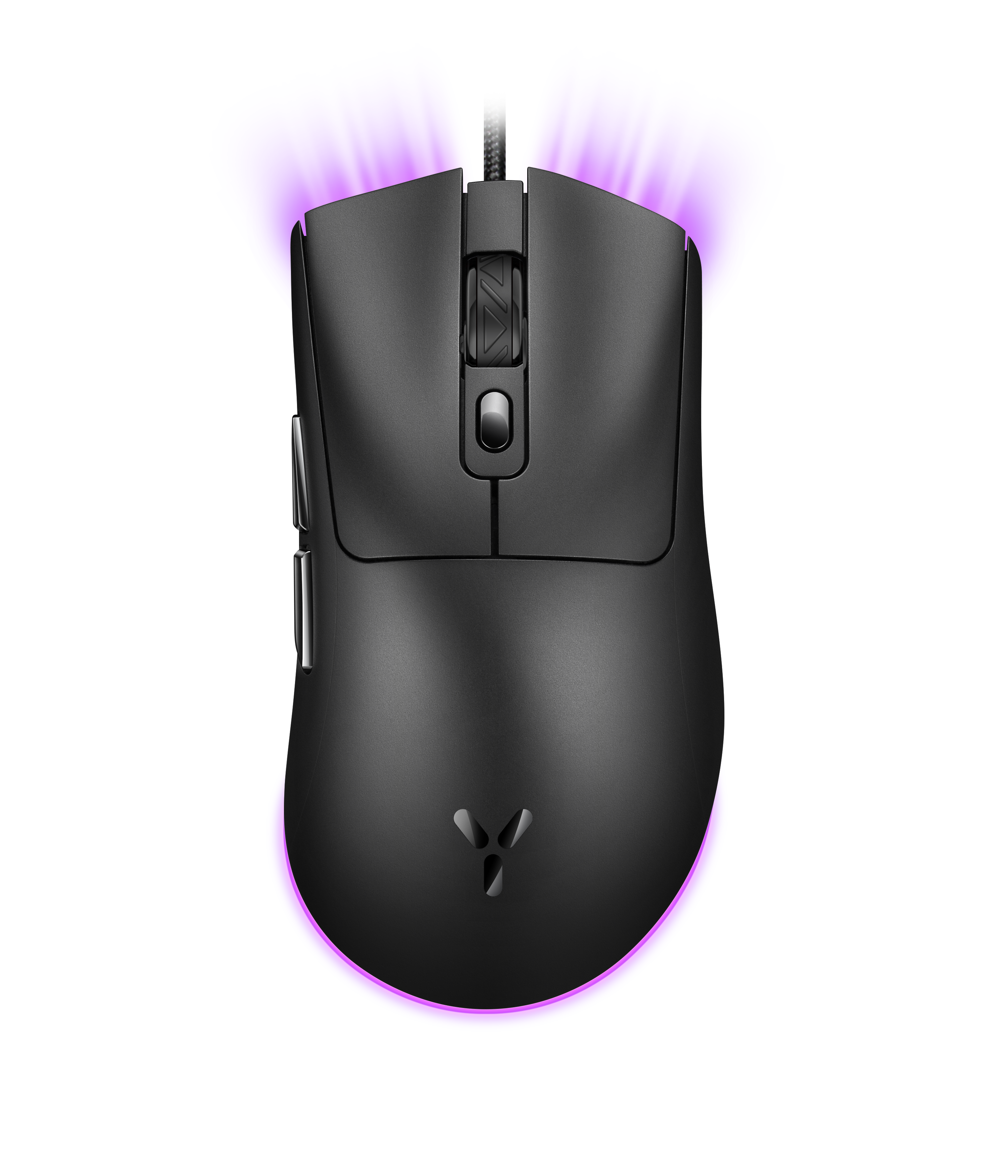 Schwarze Gaming-Maus mit lila Beleuchtung an den Rändern und schwarzem Hintergrund.