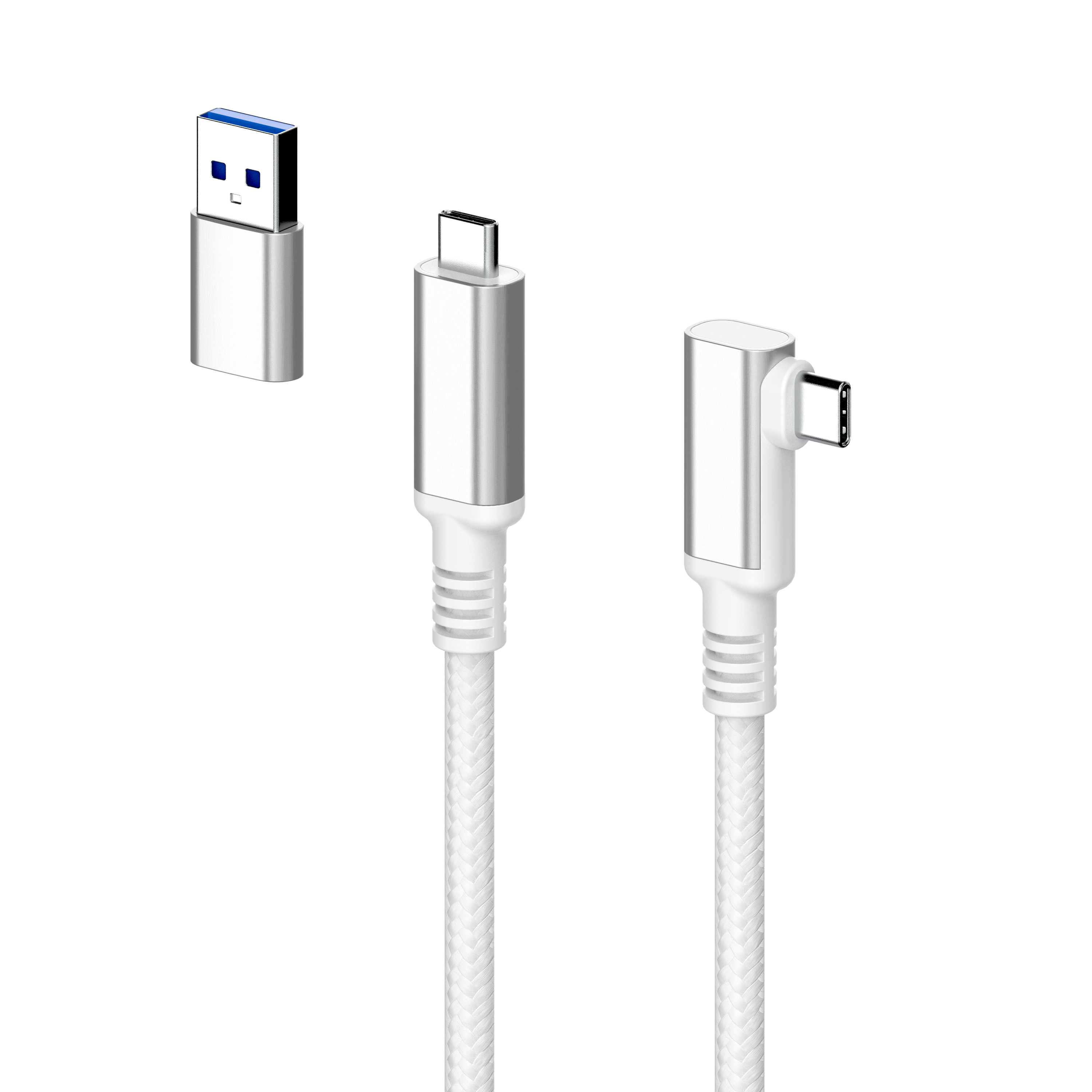 Drei silberne USB-Kabel vor schwarzem Hintergrund.