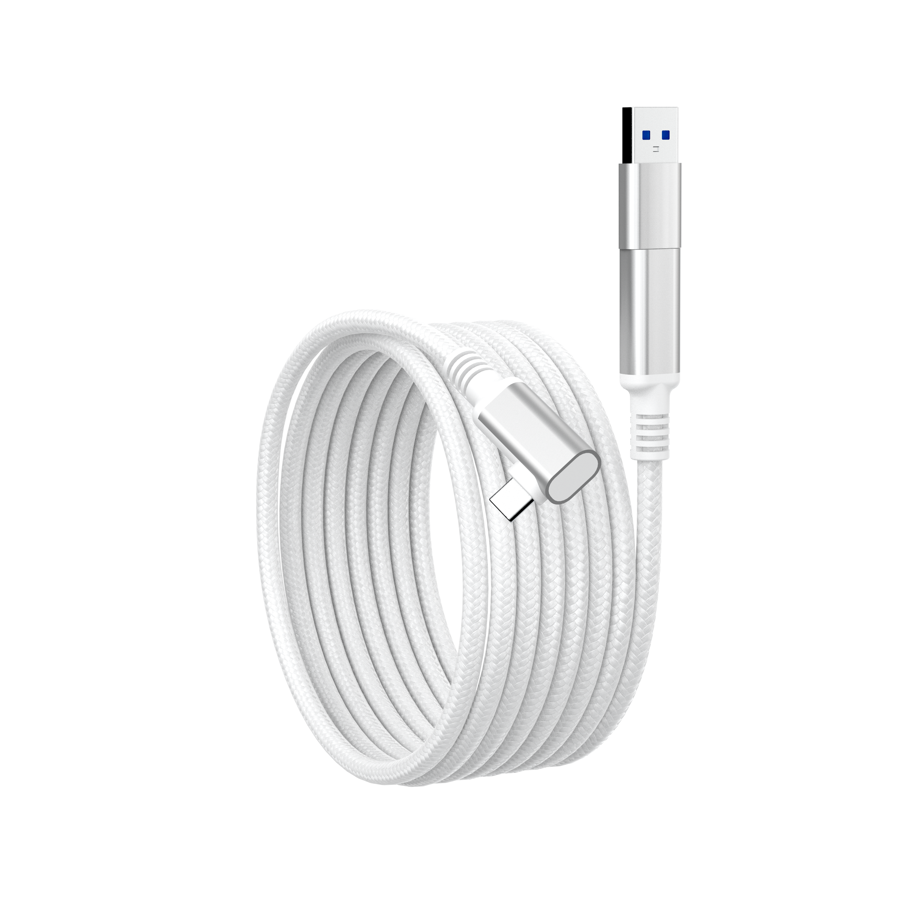Ein weißes USB-C-Kabel mit silbernem Stecker, auf schwarzem Hintergrund aufgerollt.