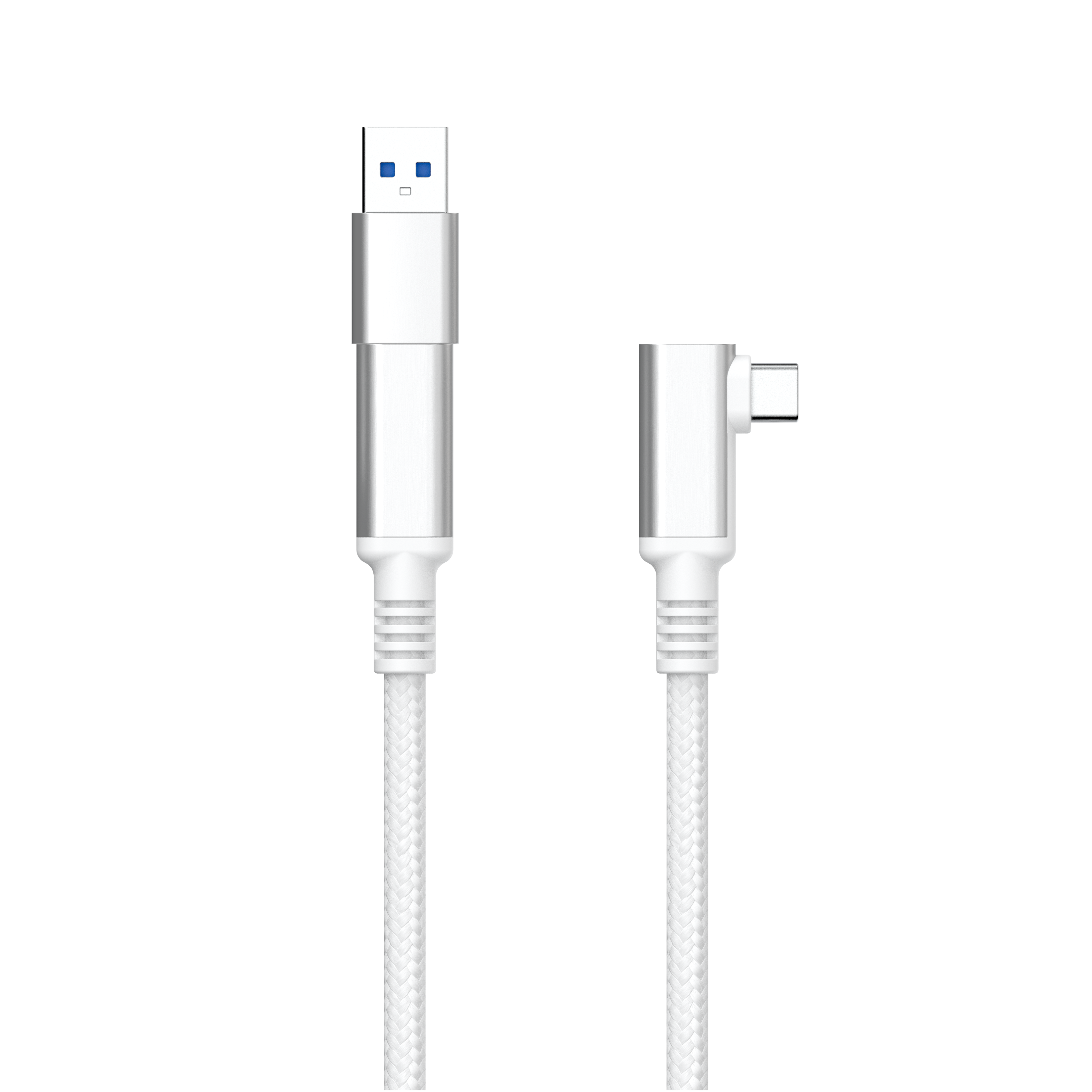 Weißes USB-C-Kabel mit USB-A-Anschluss, isoliert auf schwarzem Hintergrund.