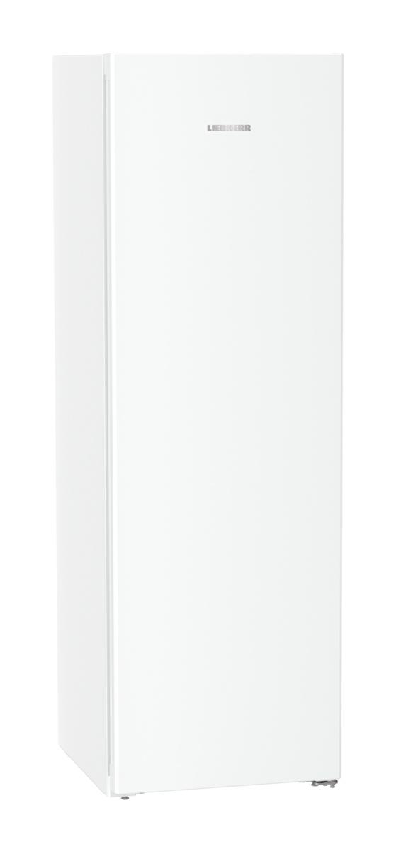 Weißer Kühlschrank vor weißem Hintergrund, Liebherr-Logo oben.