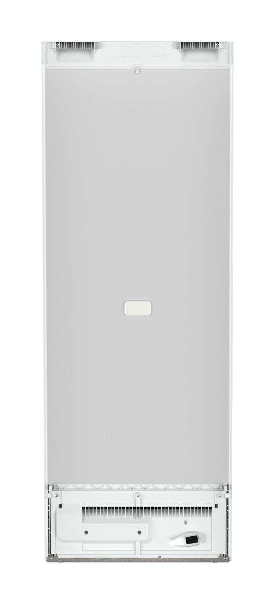 Weißer Kühlschrank, Rückansicht, mit Lüftungsschlitzen und kleinem Bedienfeld unten.