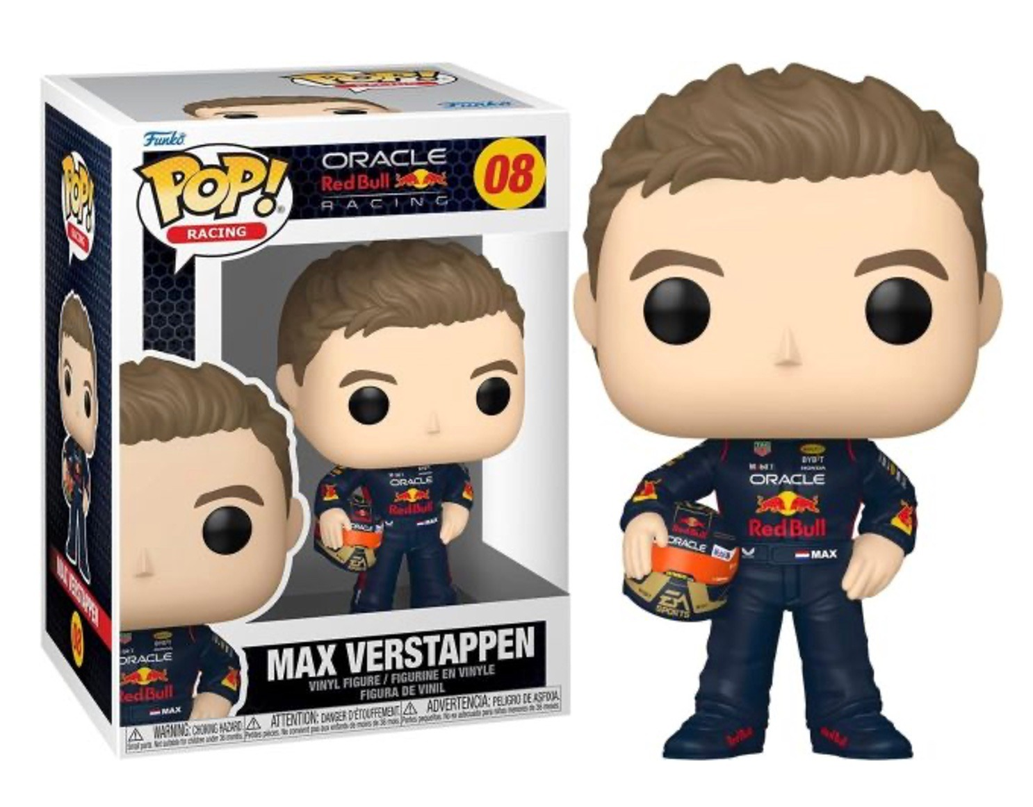Max Verstappen Funko Pop figure in a box. He's wearing a Red Bull racing suit.